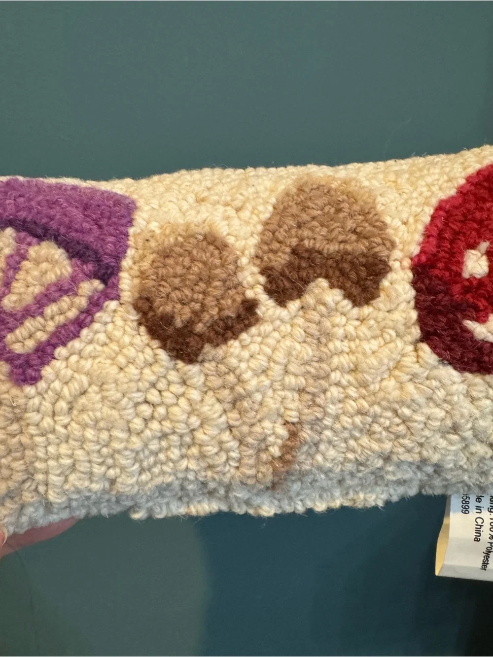 Mushroom Hooked Pillow - Cream with Purple, Brown, Red Accents